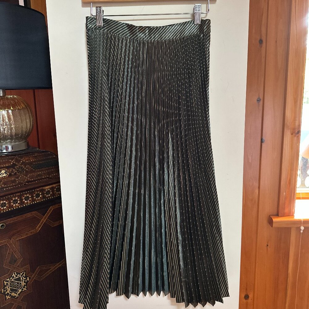 REISS Erie Women's A-Line Green and Gold Striped Pleated Skirt - 4